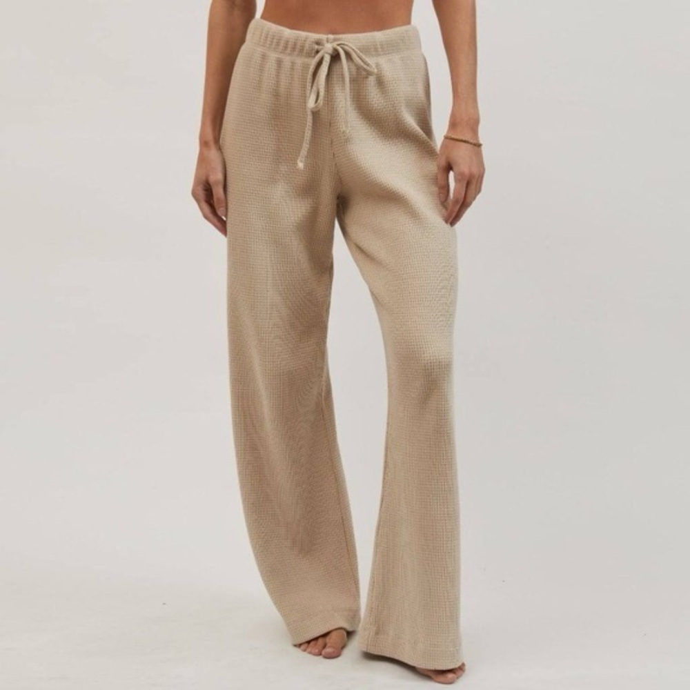 DONNI. Waffle Roll Pants in Lychee Cozy Tan Knit Wide-Leg Pants - Picture 6 of 8